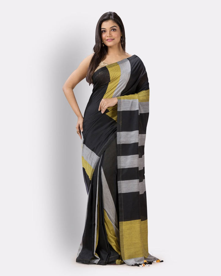 Black silver stripes handspun handwoven cotton bengal saree
