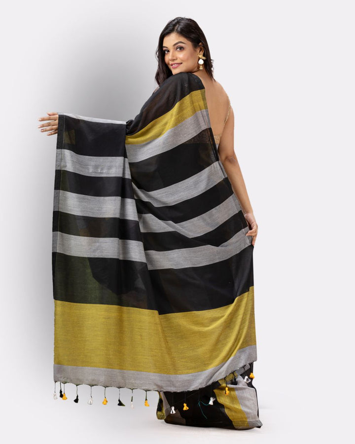 Black silver stripes handspun handwoven cotton bengal saree
