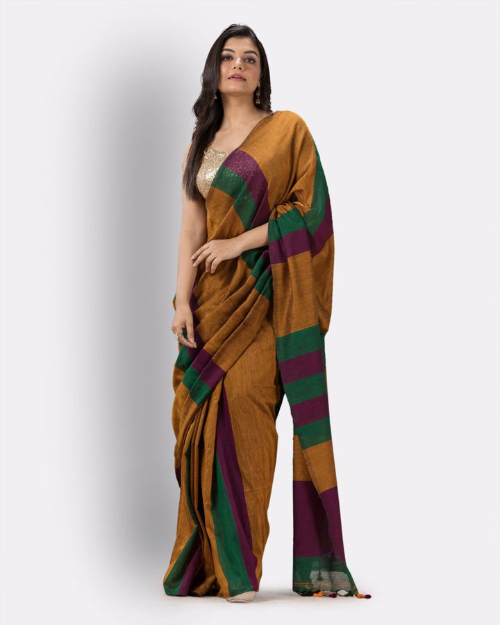 Mustard stripes handspun handwoven cotton bengal saree