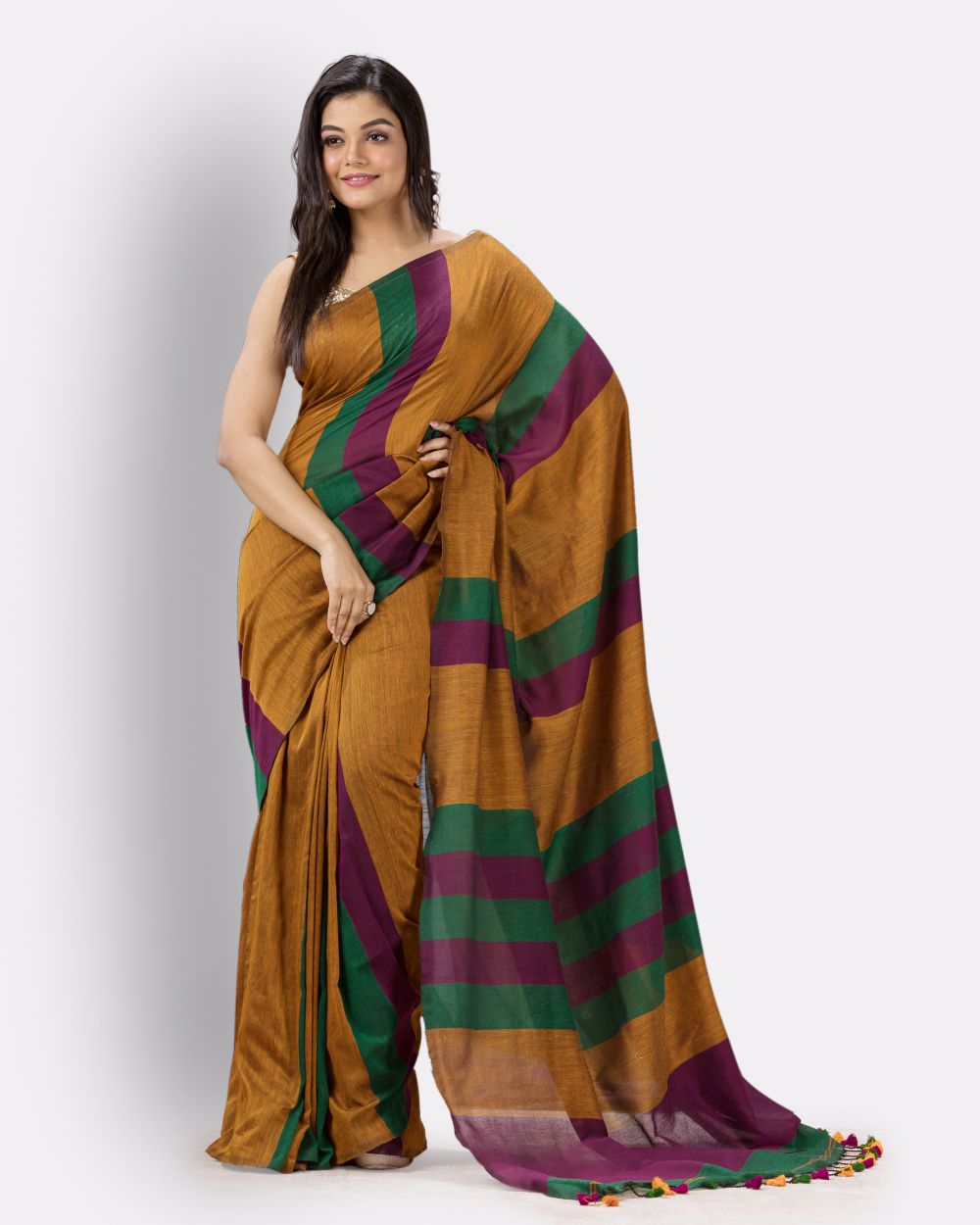 Mustard stripes handspun handwoven cotton bengal saree