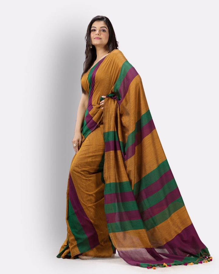 Mustard stripes handspun handwoven cotton bengal saree