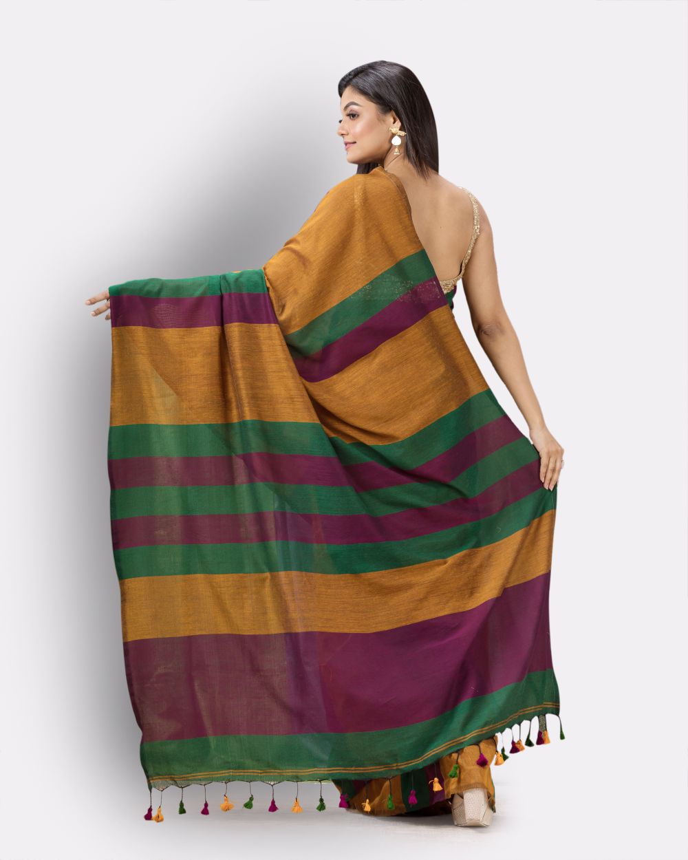 Mustard stripes handspun handwoven cotton bengal saree
