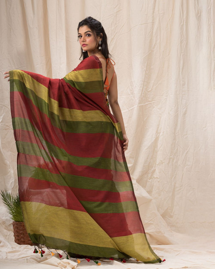 Maroon lime stripes handspun handwoven cotton bengal saree