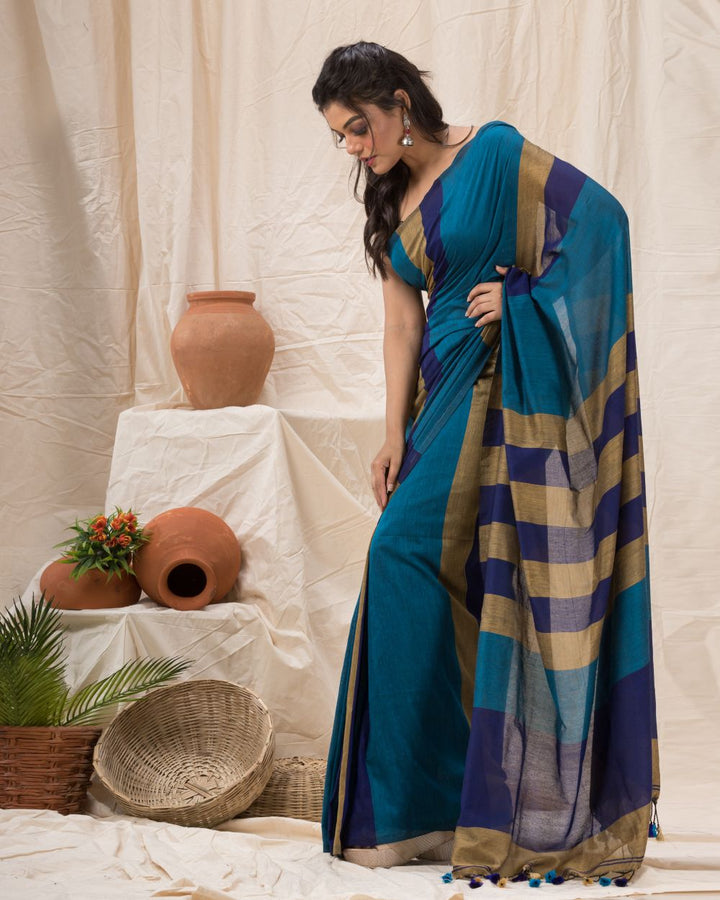 Cyan blue stripes handspun handwoven cotton bengal saree