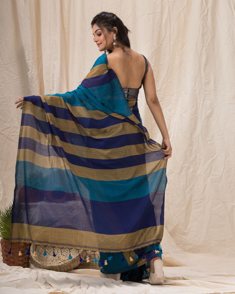 Cyan blue stripes handspun handwoven cotton bengal saree