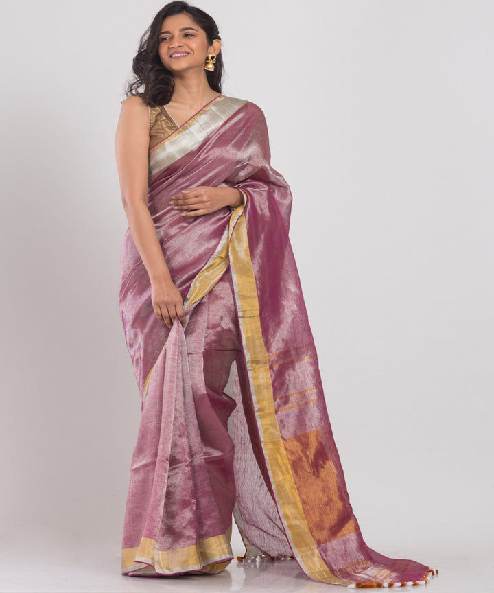 Mauve handwoven bengal linen saree