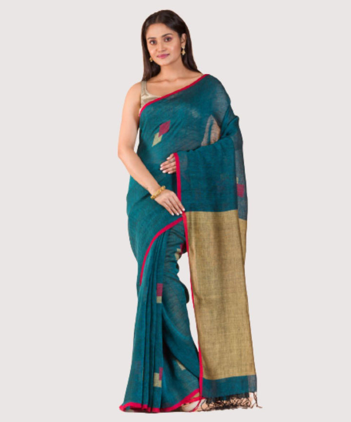 Dark green red handwoven bengal linen jamdani saree