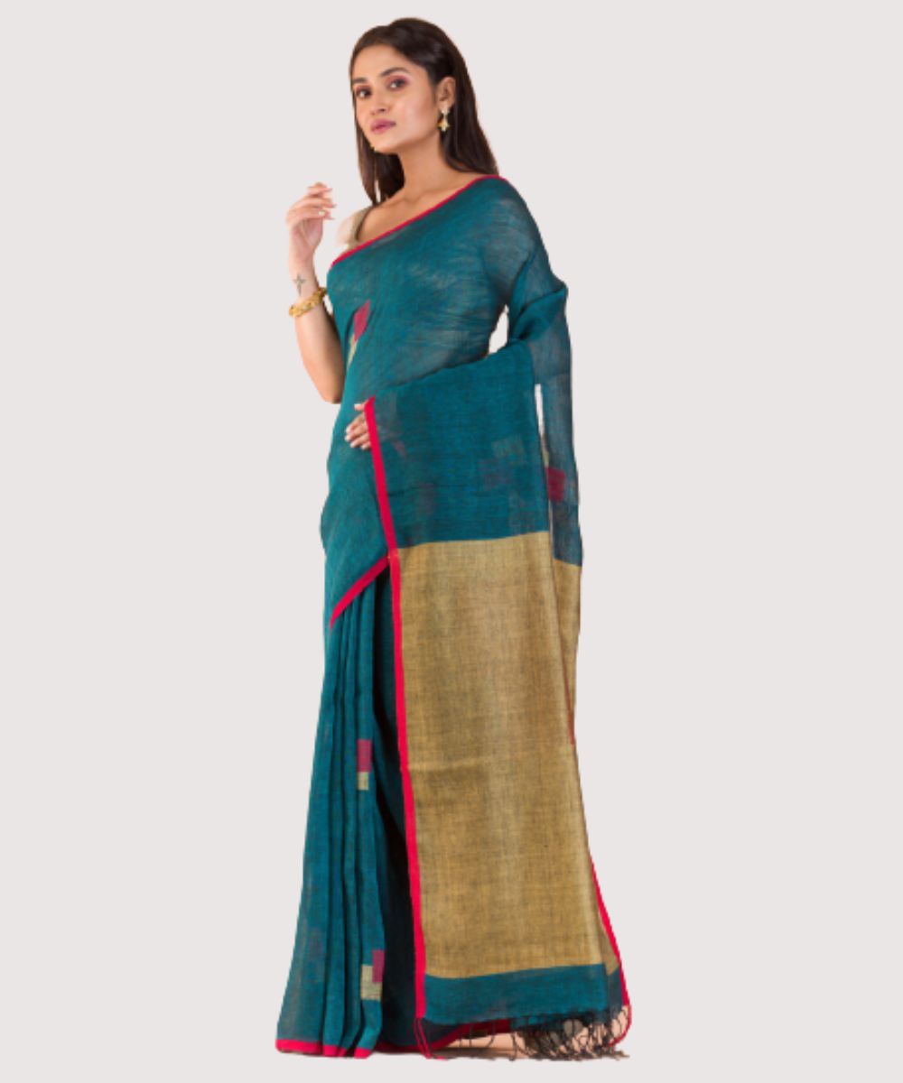 Dark green red handwoven bengal linen jamdani saree
