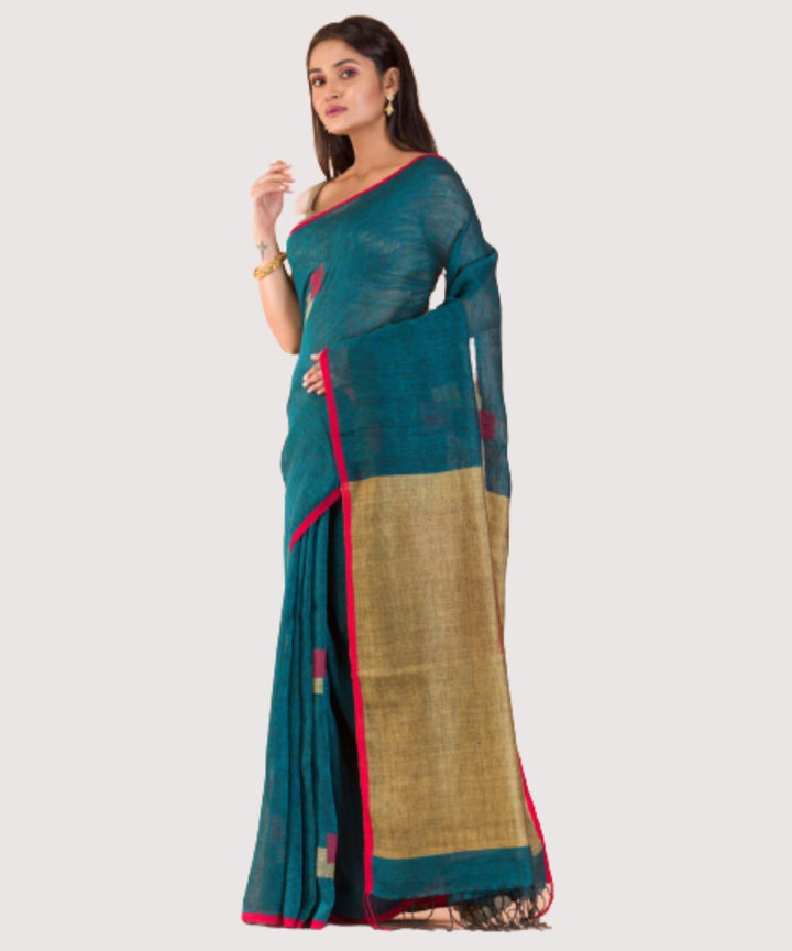Dark green red handwoven bengal linen jamdani saree