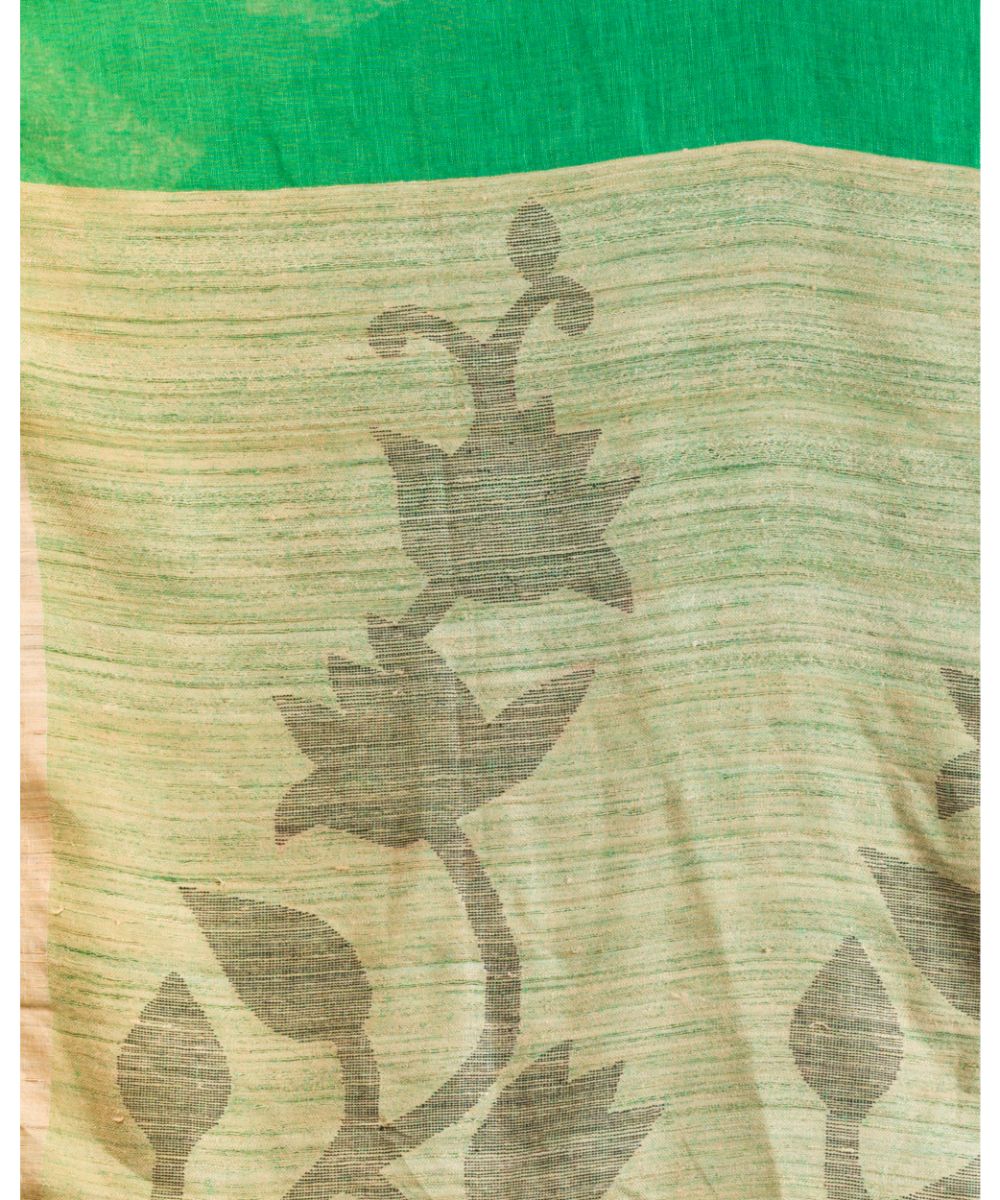 Dark green beige handwoven bengal linen jamdani saree