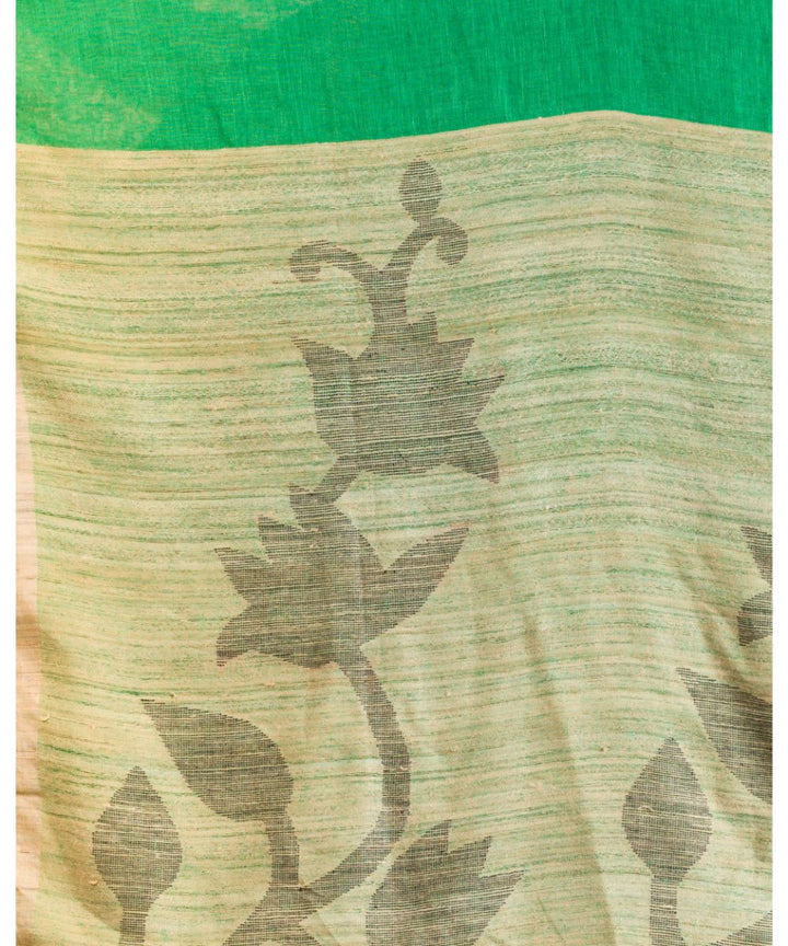 Dark green beige handwoven bengal linen jamdani saree