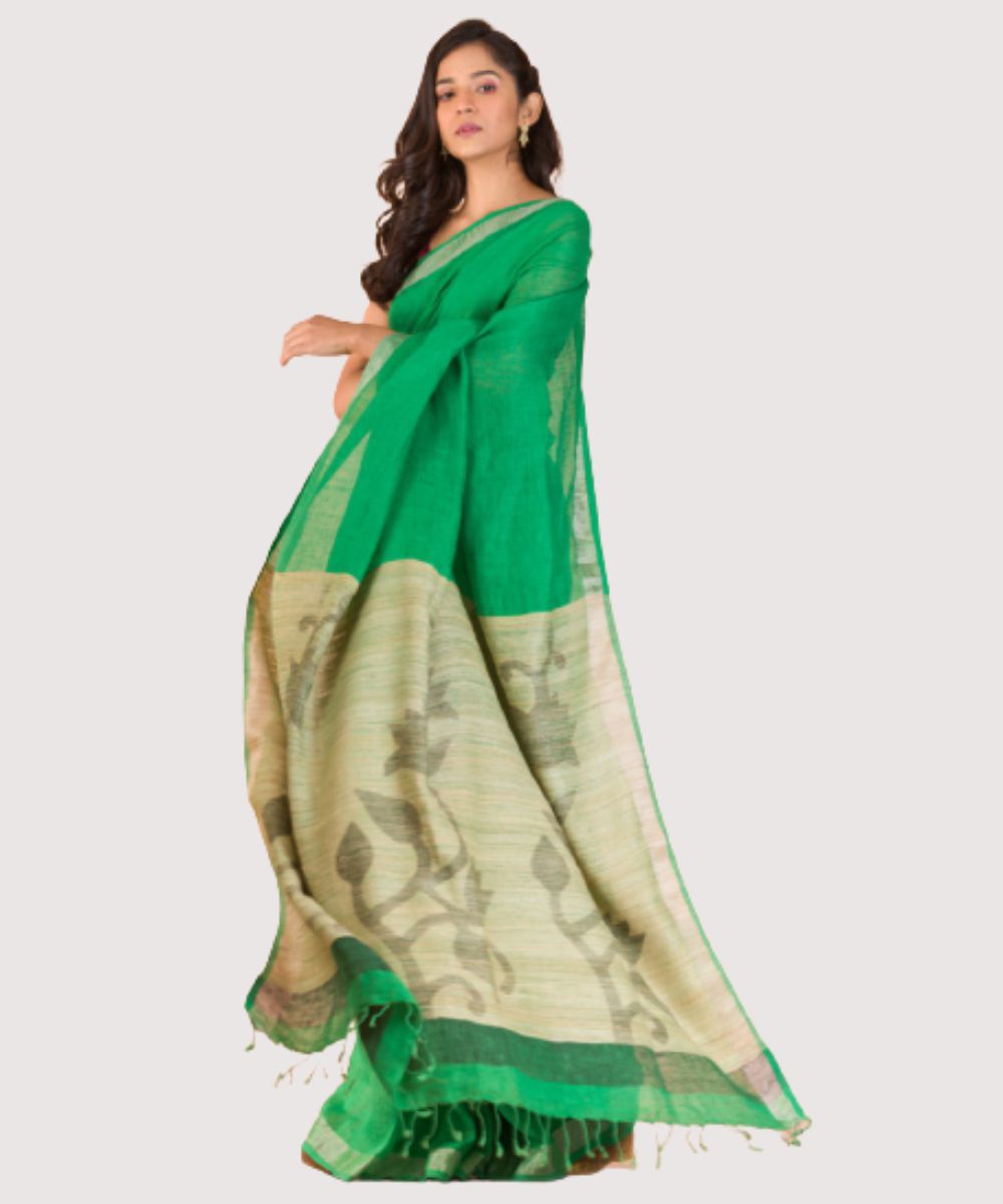 Dark green beige handwoven bengal linen jamdani saree