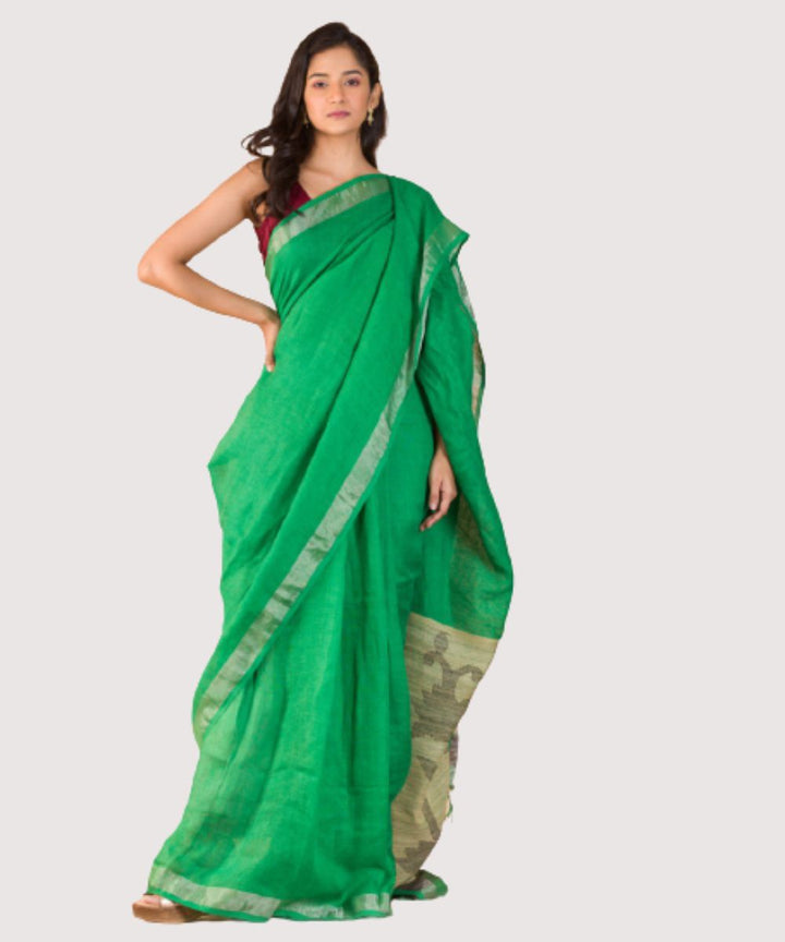 Dark green beige handwoven bengal linen jamdani saree