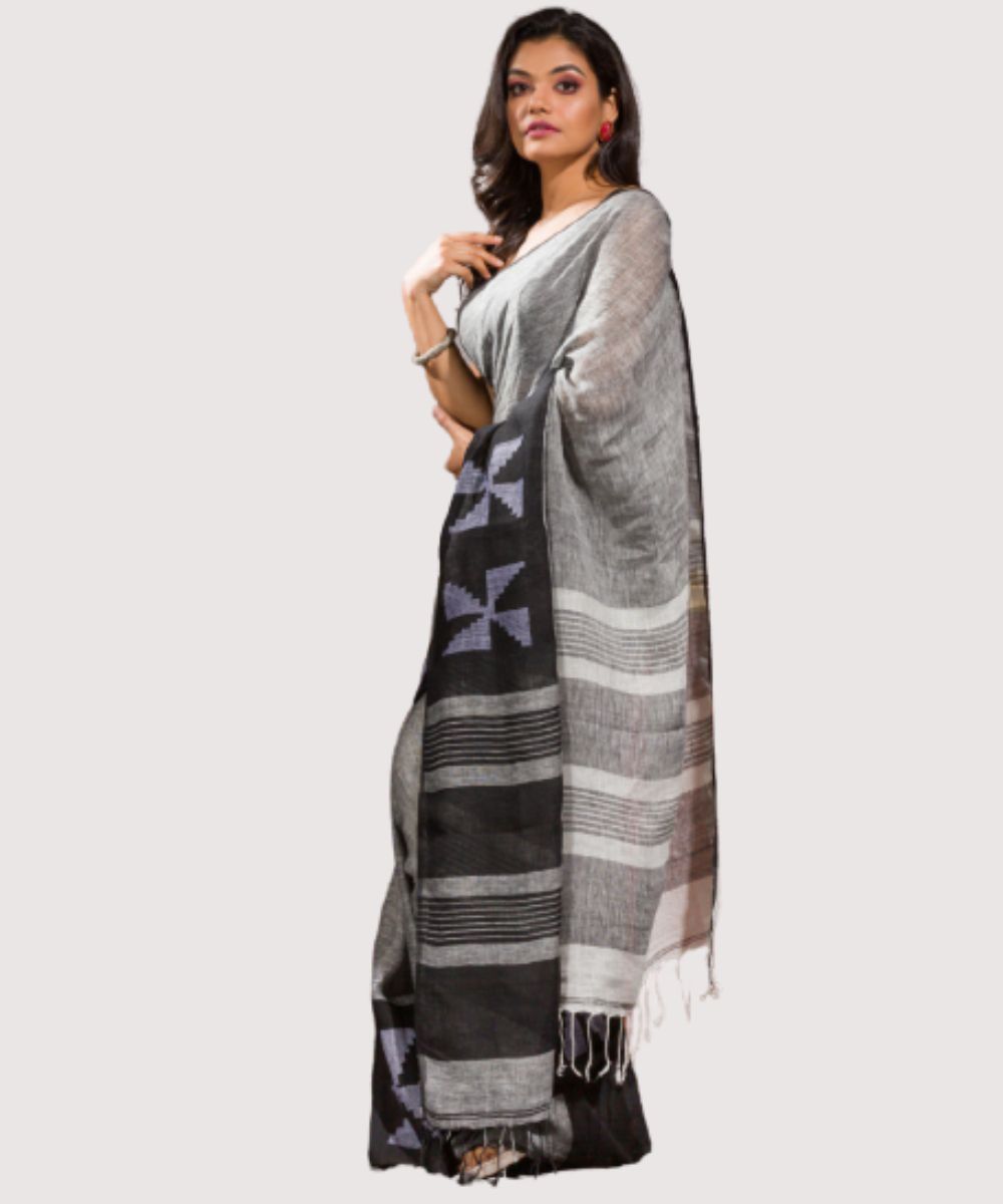 Grey black handwoven bengal linen jamdani saree