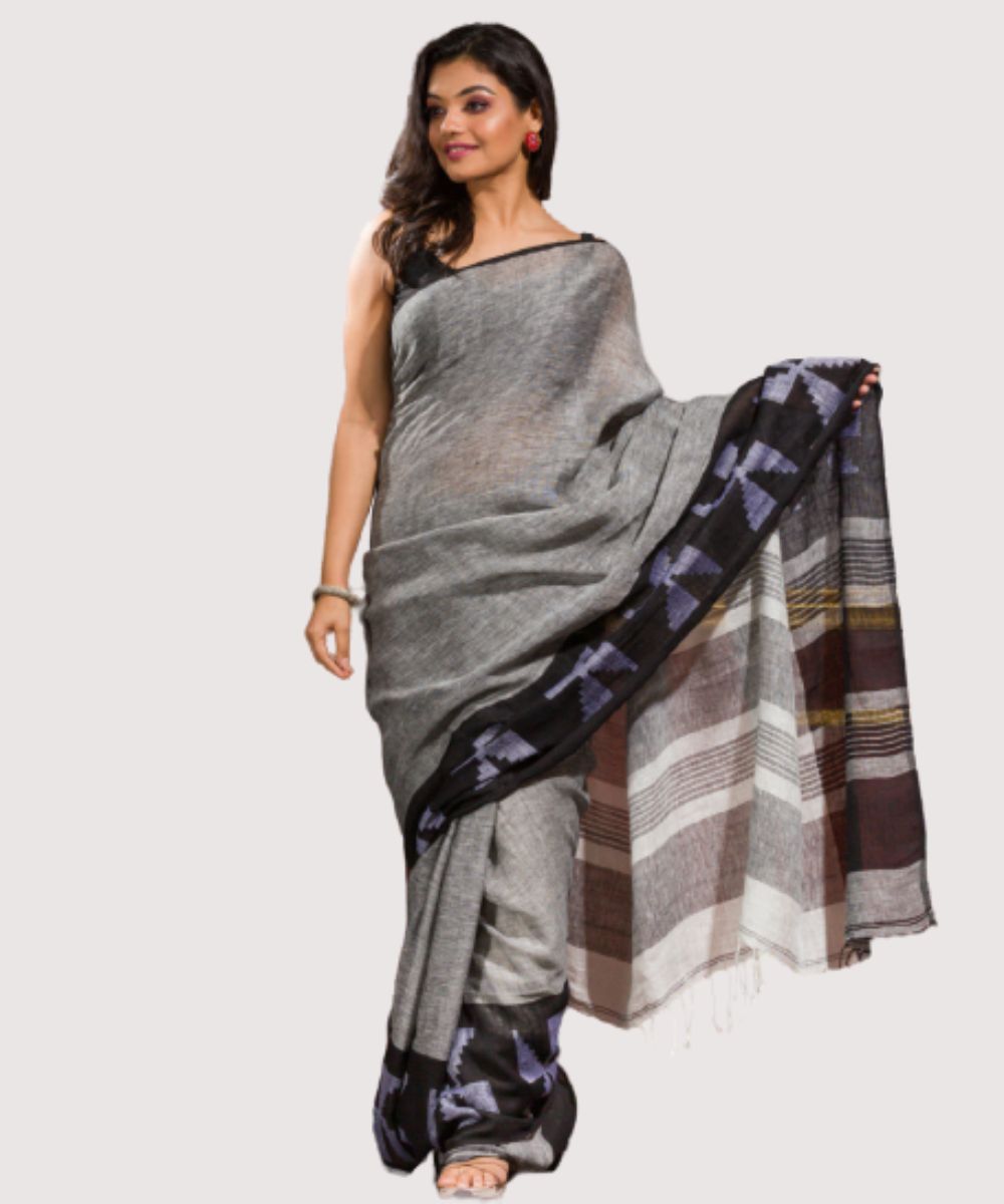 Grey black handwoven bengal linen jamdani saree
