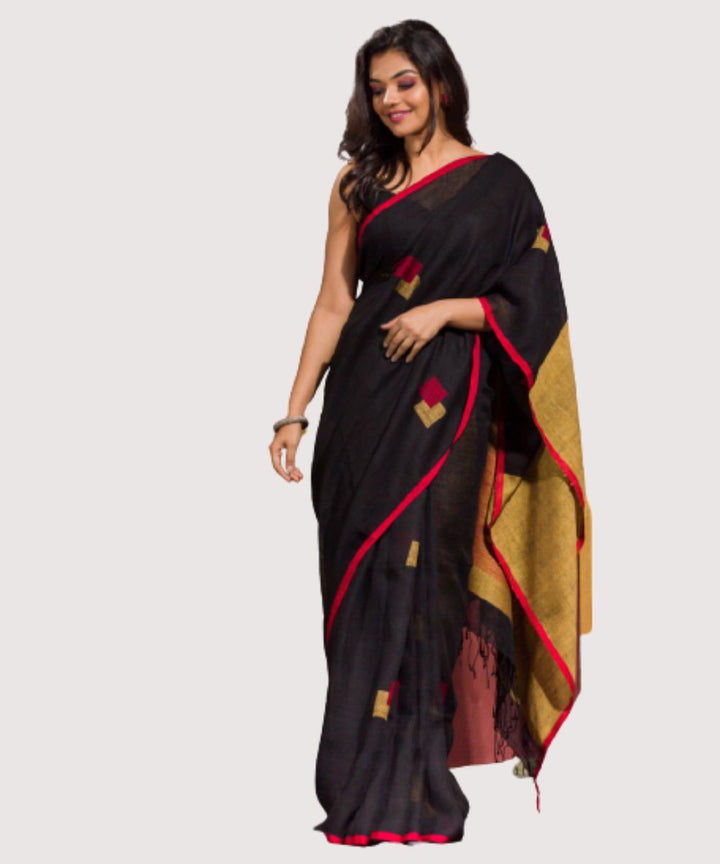 Black red handwoven bengal linen jamdani saree