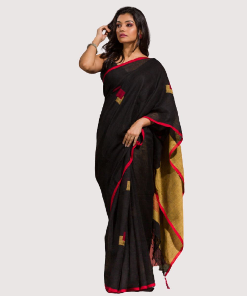 Black red handwoven bengal linen jamdani saree