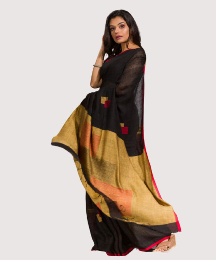 Black red handwoven bengal linen jamdani saree
