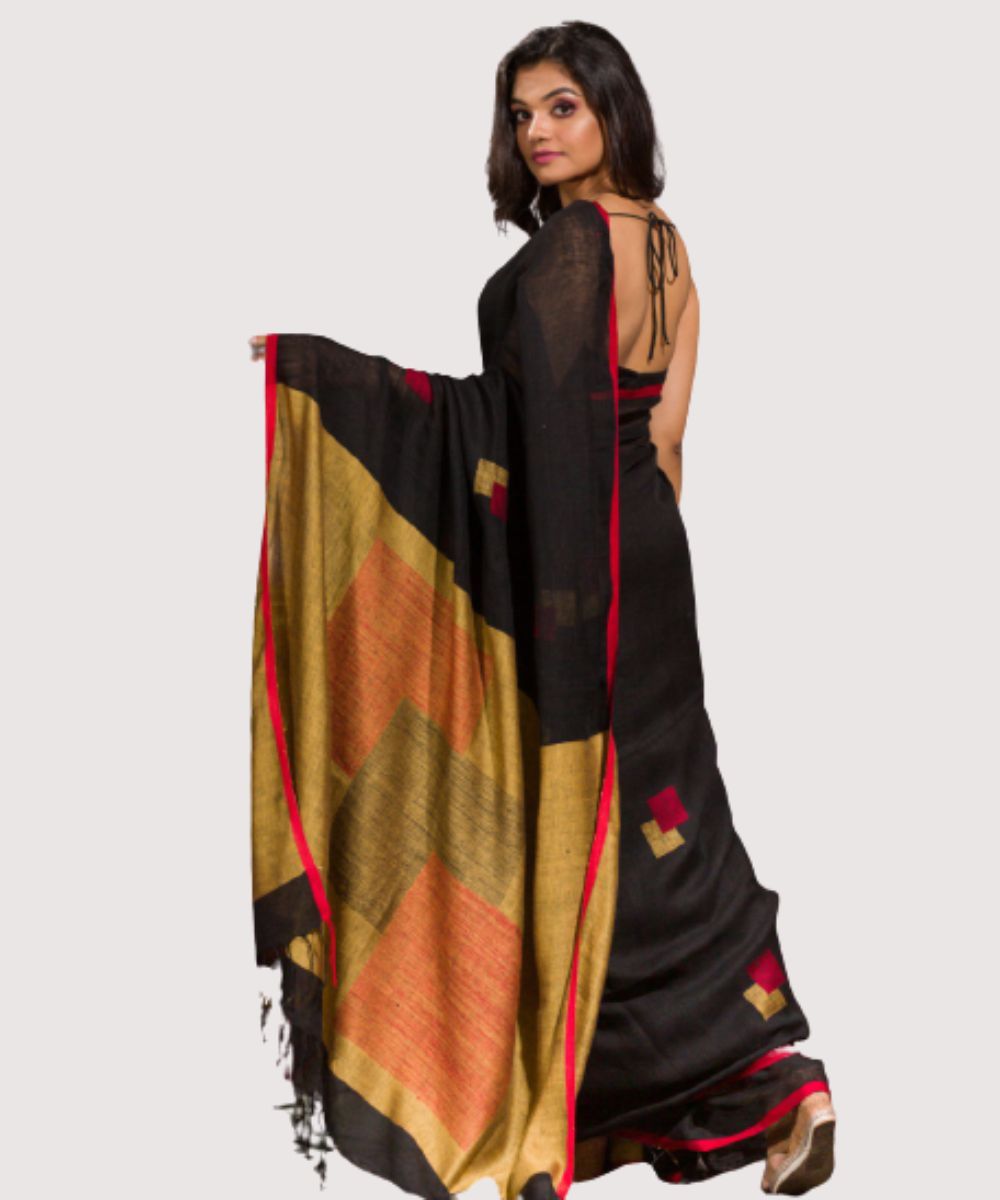 Black red handwoven bengal linen jamdani saree