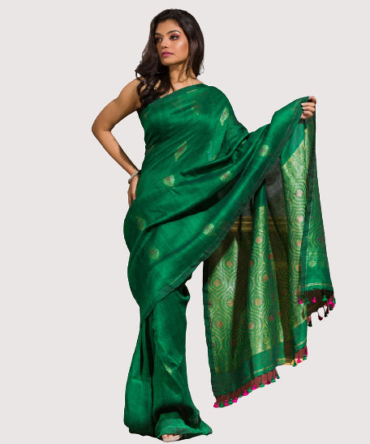 Parrot green handwoven bengal cotton linen saree