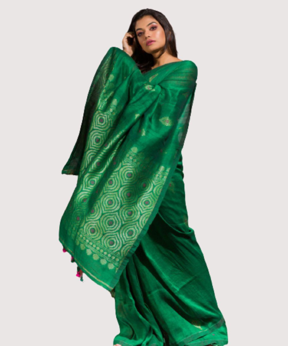 Parrot green handwoven bengal cotton linen saree