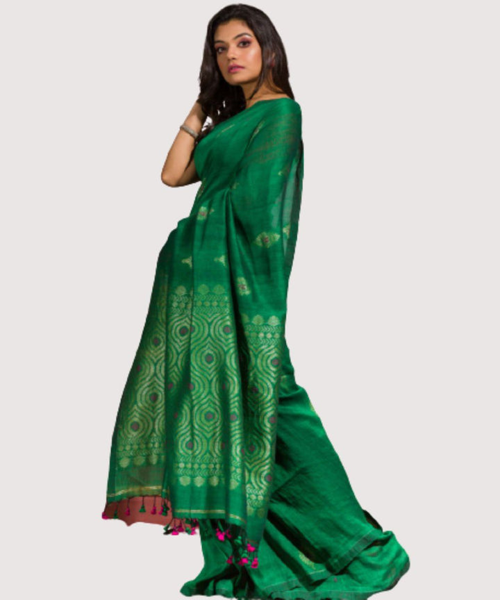 Parrot green handwoven bengal cotton linen saree