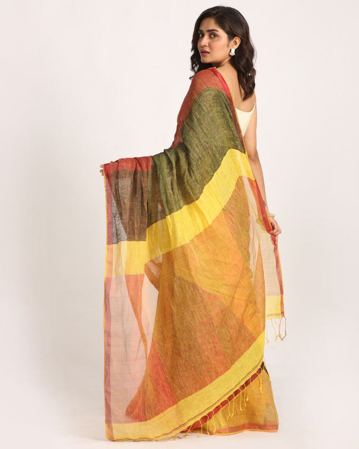 Brown yellow handwoven linen saree