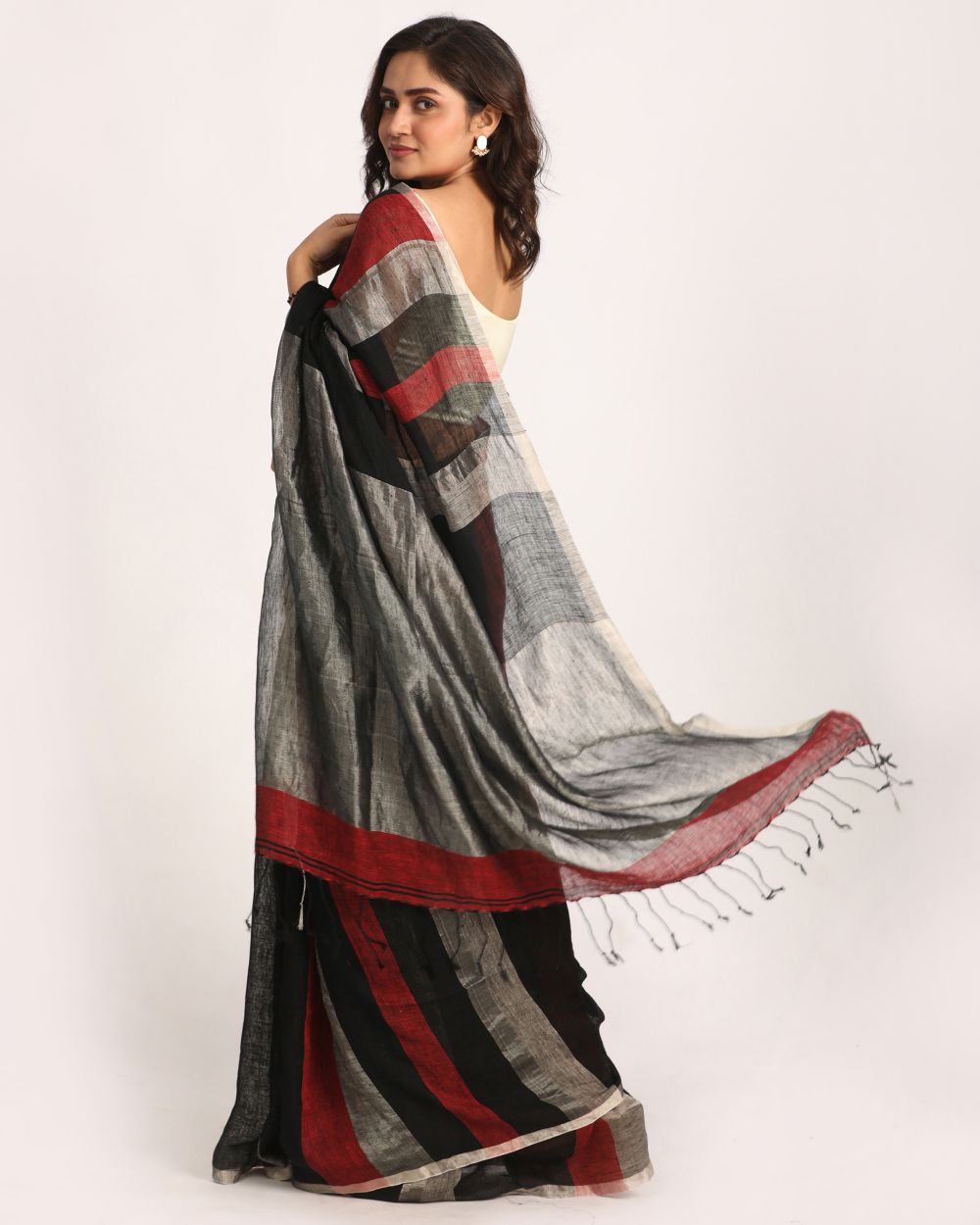 Black maroon grey stripes handwoven linen saree