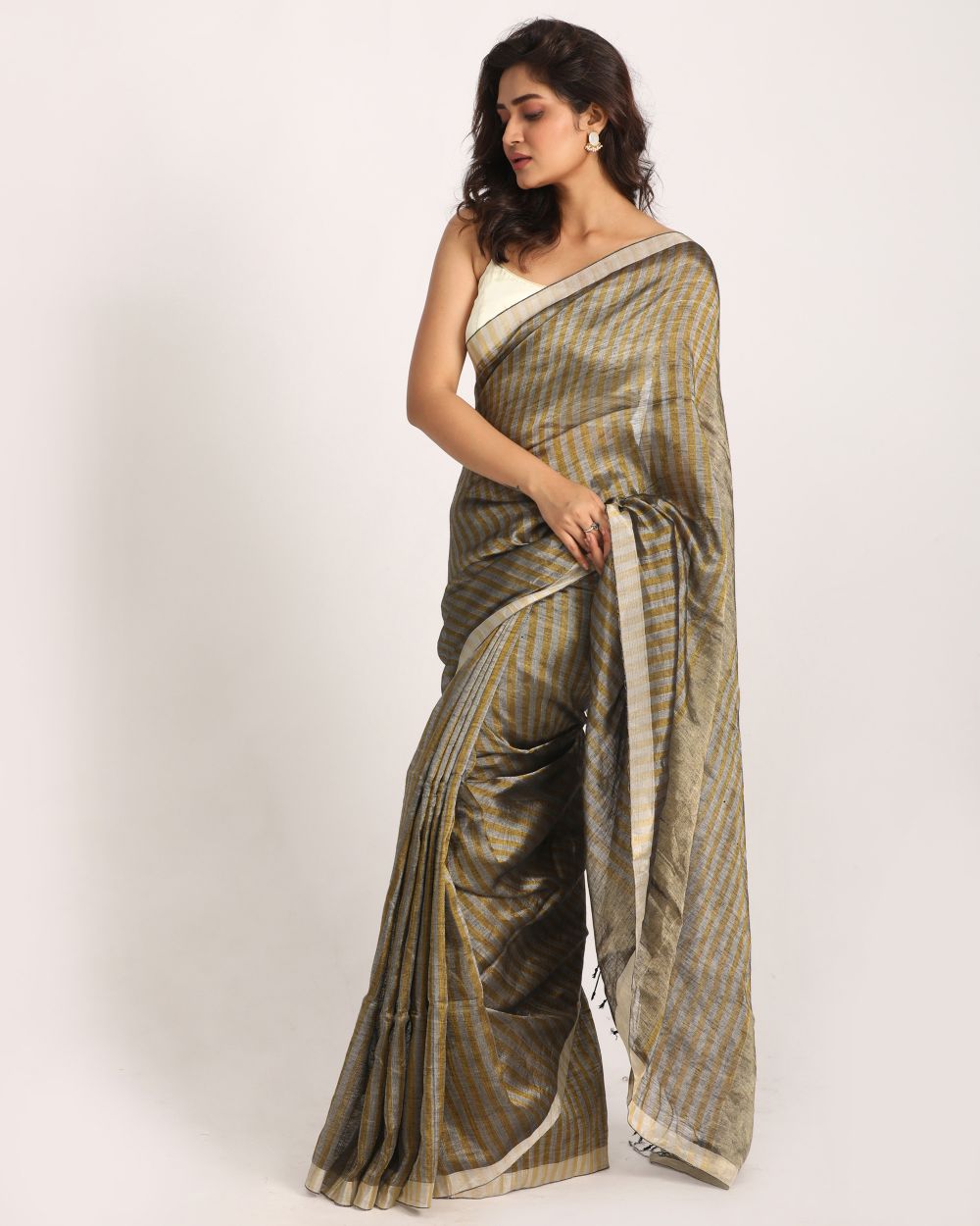 Stripes silver golden handwoven linen saree