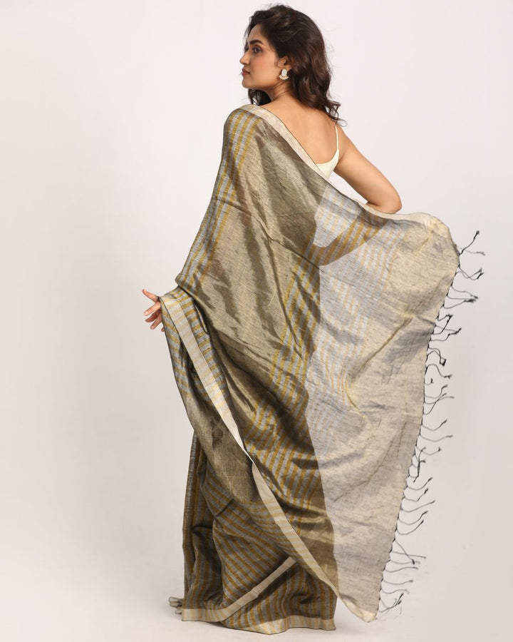 Stripes silver golden handwoven linen saree