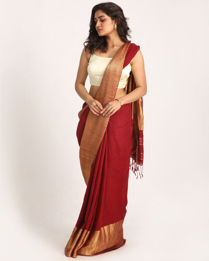 Maroon handwoven linen saree