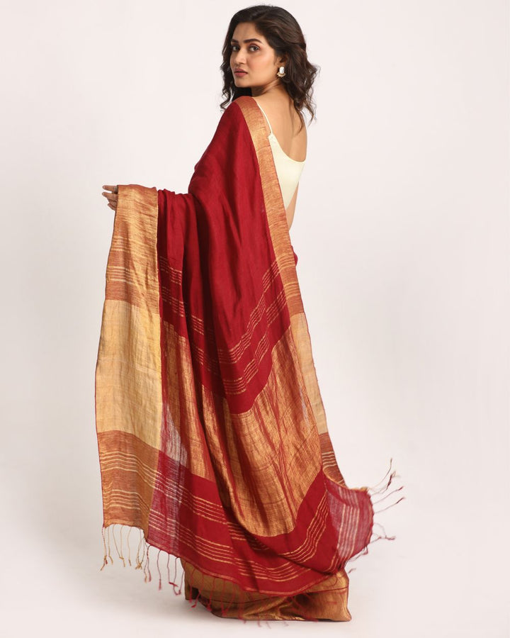 Maroon handwoven linen saree