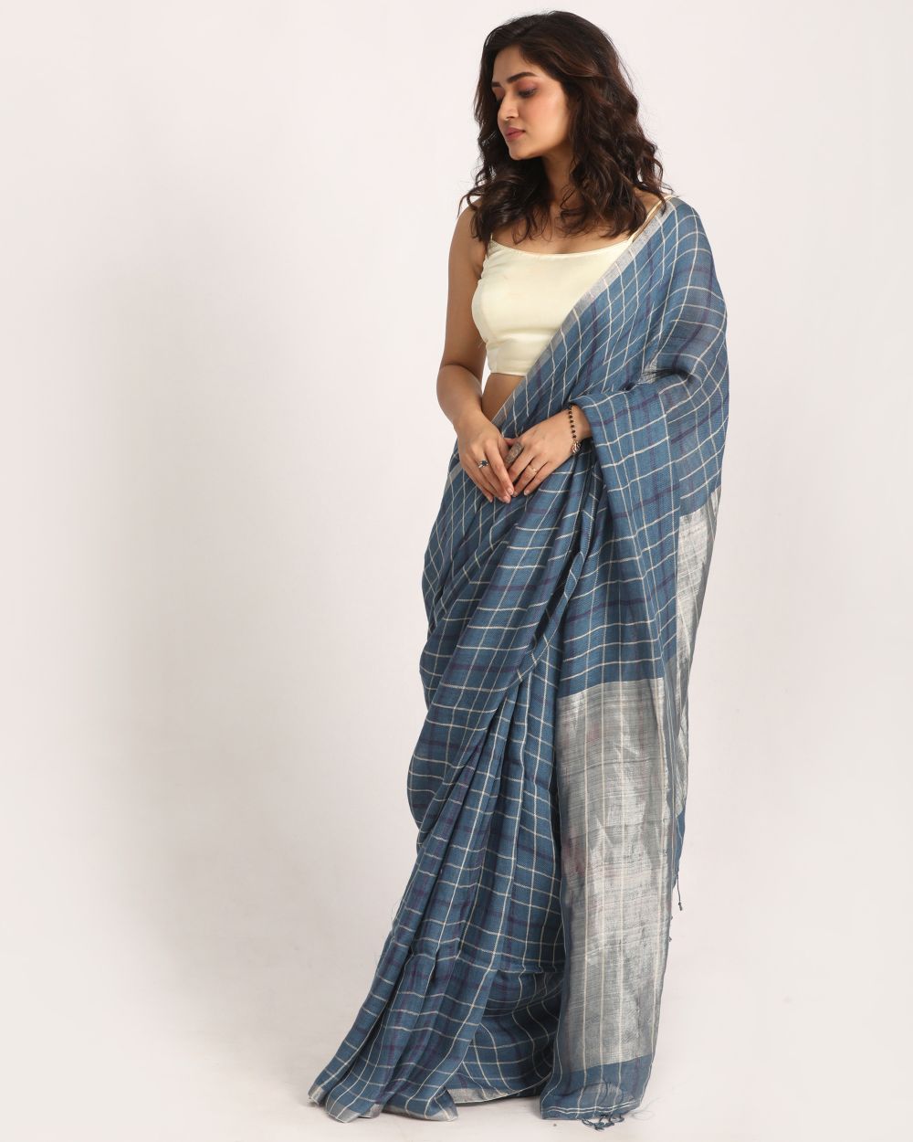 Steel blue handwoven linen saree