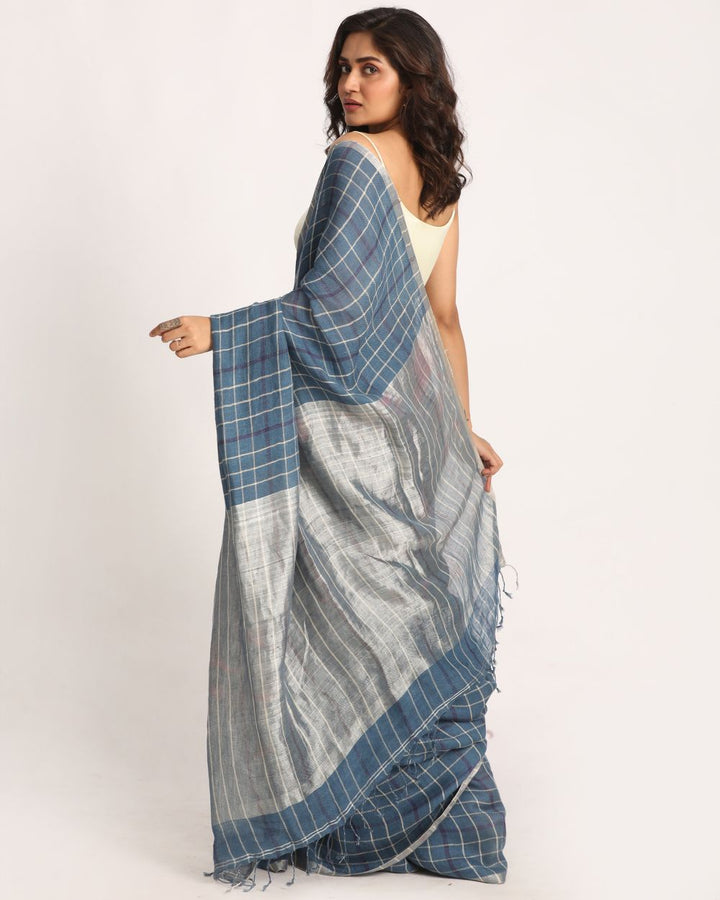 Steel blue handwoven linen saree