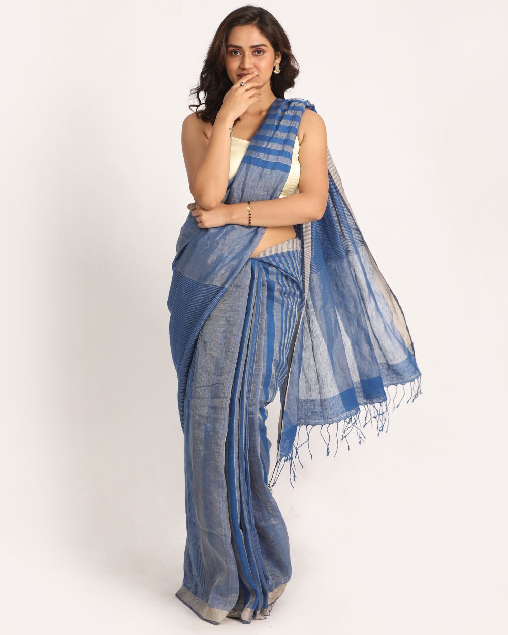 Royal blue silver stripes handwoven linen saree
