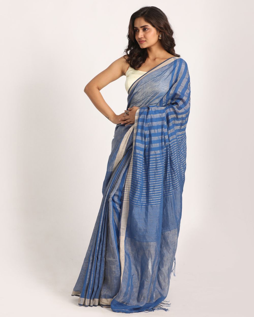 Royal blue silver stripes handwoven linen saree