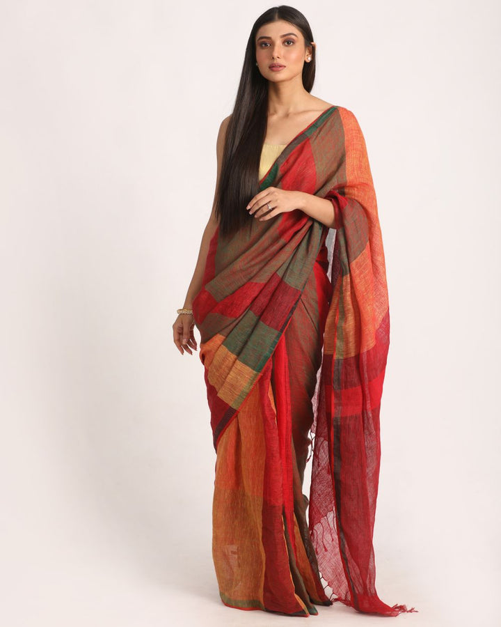Multicolor handwoven linen saree