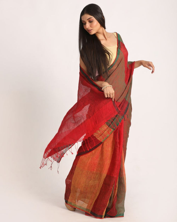 Multicolor handwoven linen saree