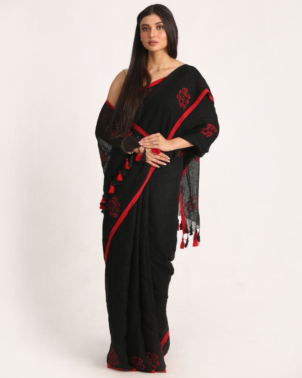Black handwoven linen jamdani saree