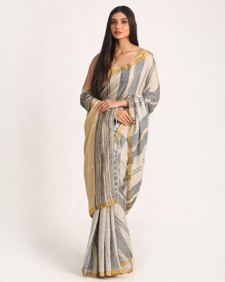 Beige grey handwoven linen saree