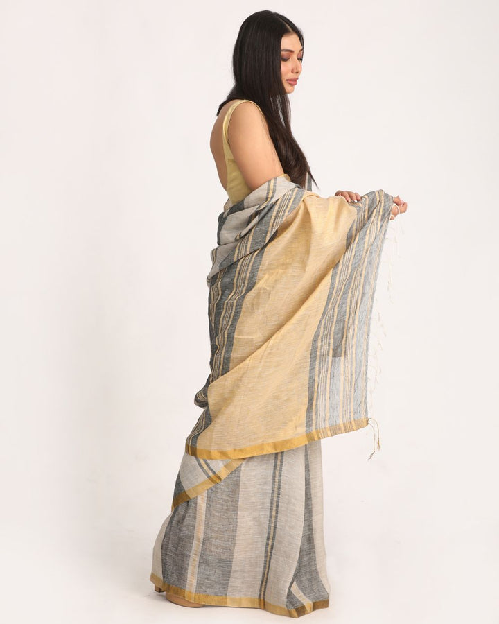 Beige grey handwoven linen saree
