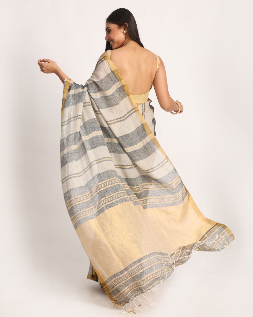 Beige grey handwoven linen saree