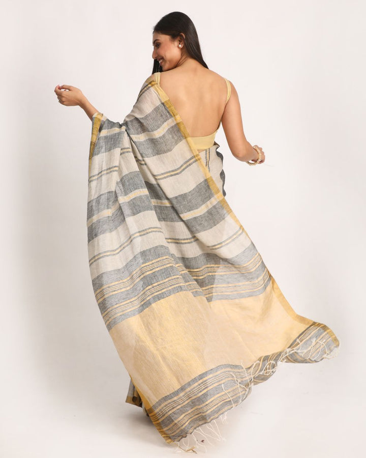 Beige grey handwoven linen saree