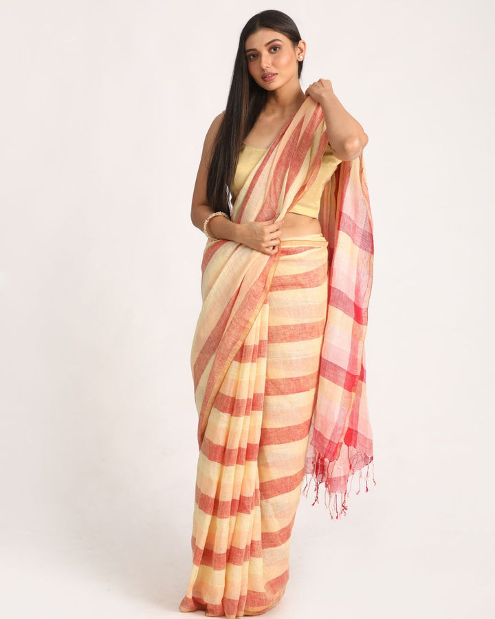 Multicolor stripes handwoven linen saree