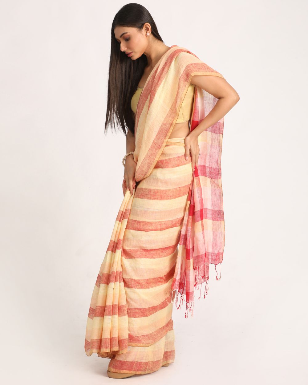 Multicolor stripes handwoven linen saree