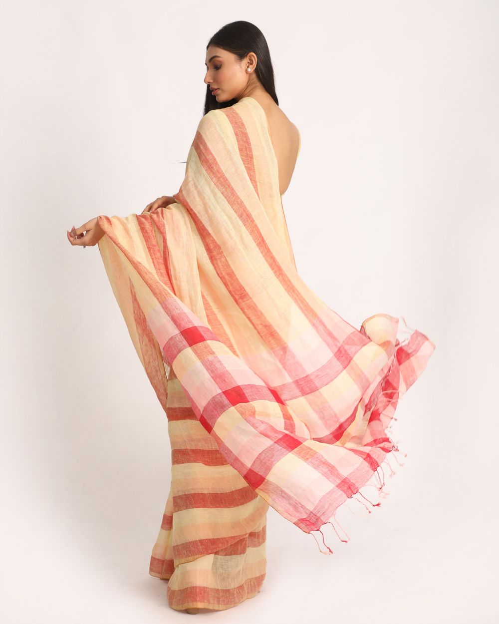 Multicolor stripes handwoven linen saree