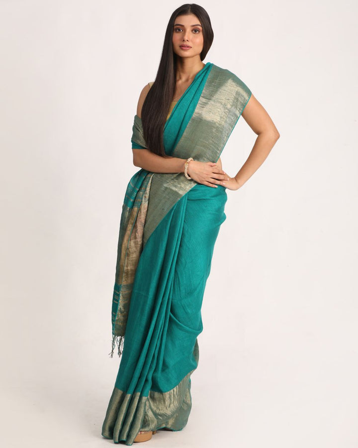 Turquoise handwoven linen saree