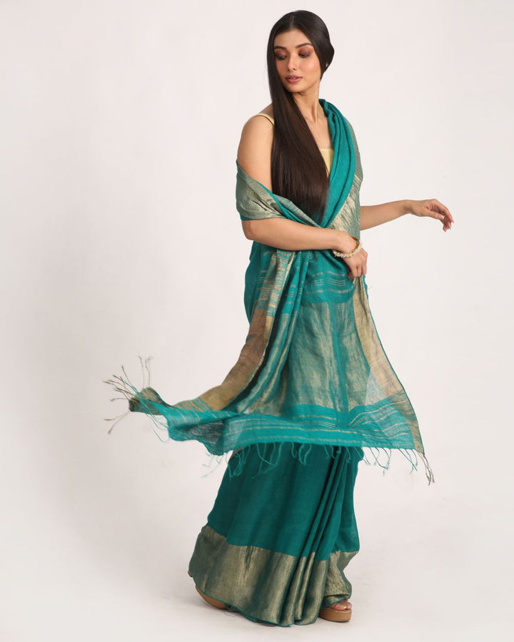 Turquoise handwoven linen saree