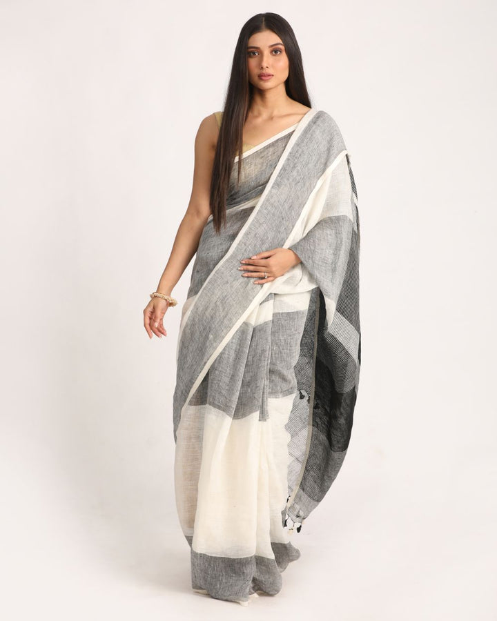 White grey handwoven linen saree