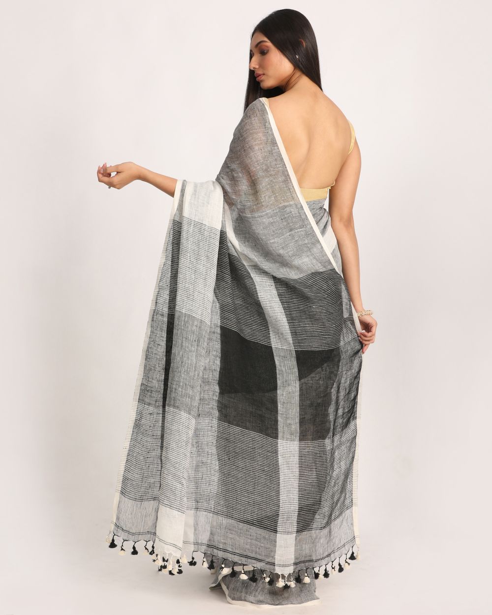 White grey handwoven linen saree